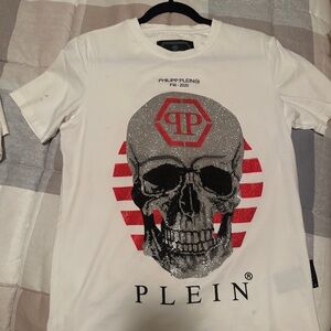 Philipp Plein White Tee with Skull and Red Stripes